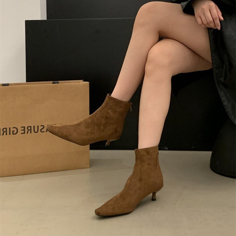 High Heel Square Toe Thin Korean Style Stiletto Heel Simple Commuter Ankle Boots - DANCING WITH SHOES