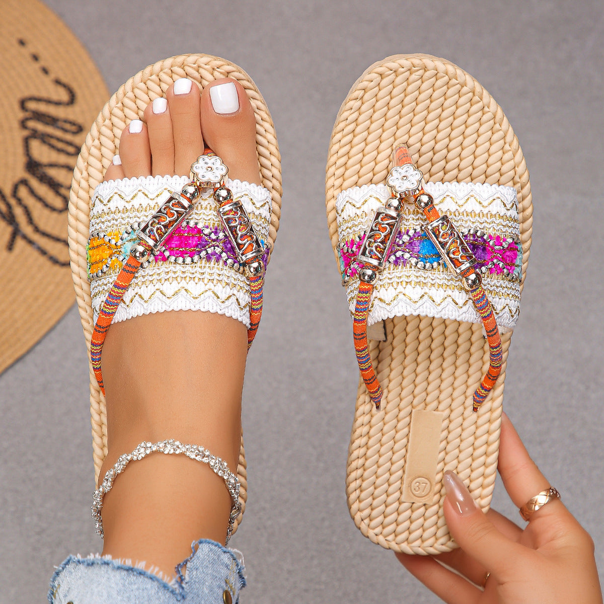 Bohemian Flat Plus Size Flip Flops Ethnic Style - DANCING WITH SHOES