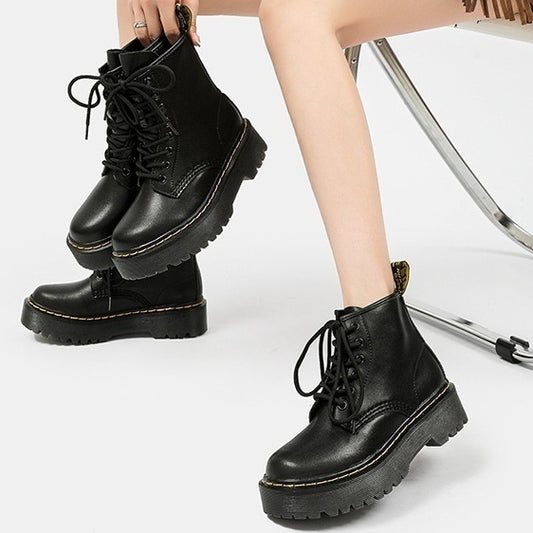 Platform Martin Boots Women's Thickened Real Leather Black Flat Bottom - DANCING WITH SHOES