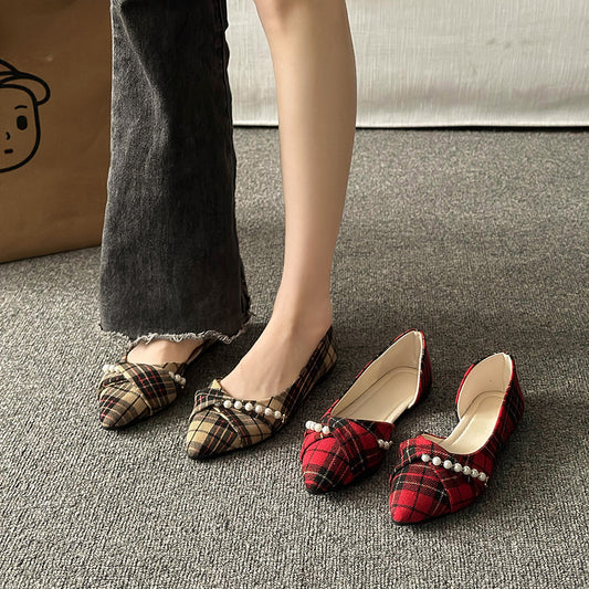 New Vintage Scoop Pointed Beaded Knot Plaid Low Heel Shoes - DANCING WITH SHOES