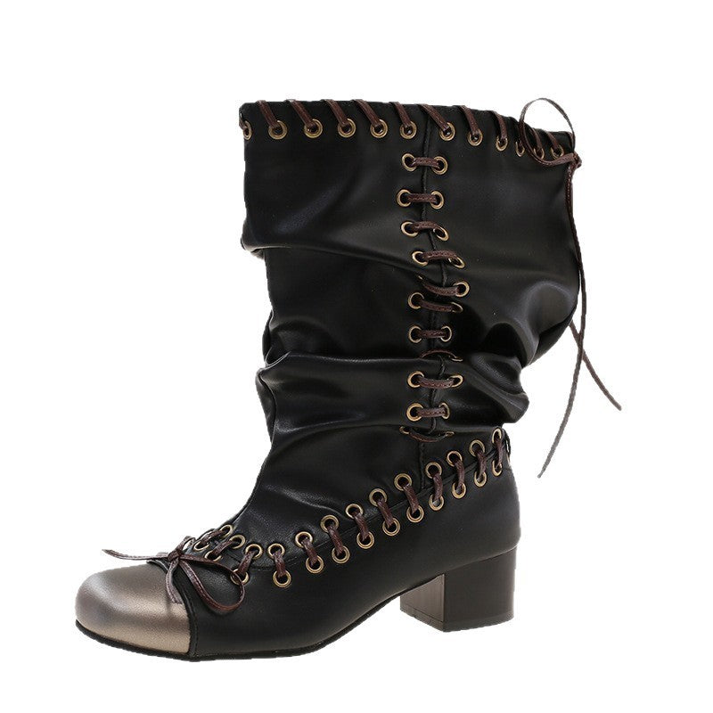 Ladies Bow Lace-up Woven Knee-high Boots - DANCING WITH SHOES