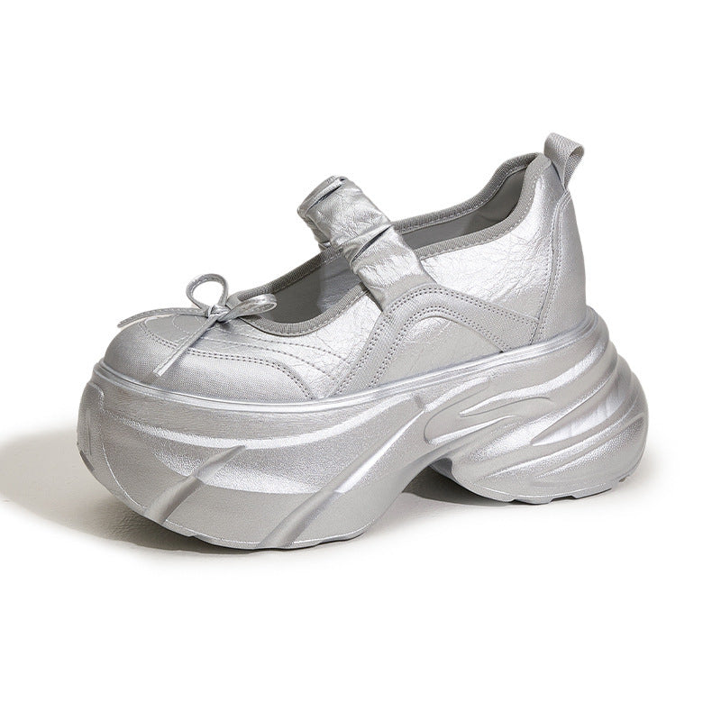 Mary Jane White Silver Sweet Bow Height Increasing Insole Women's Shoes - DANCING WITH SHOES