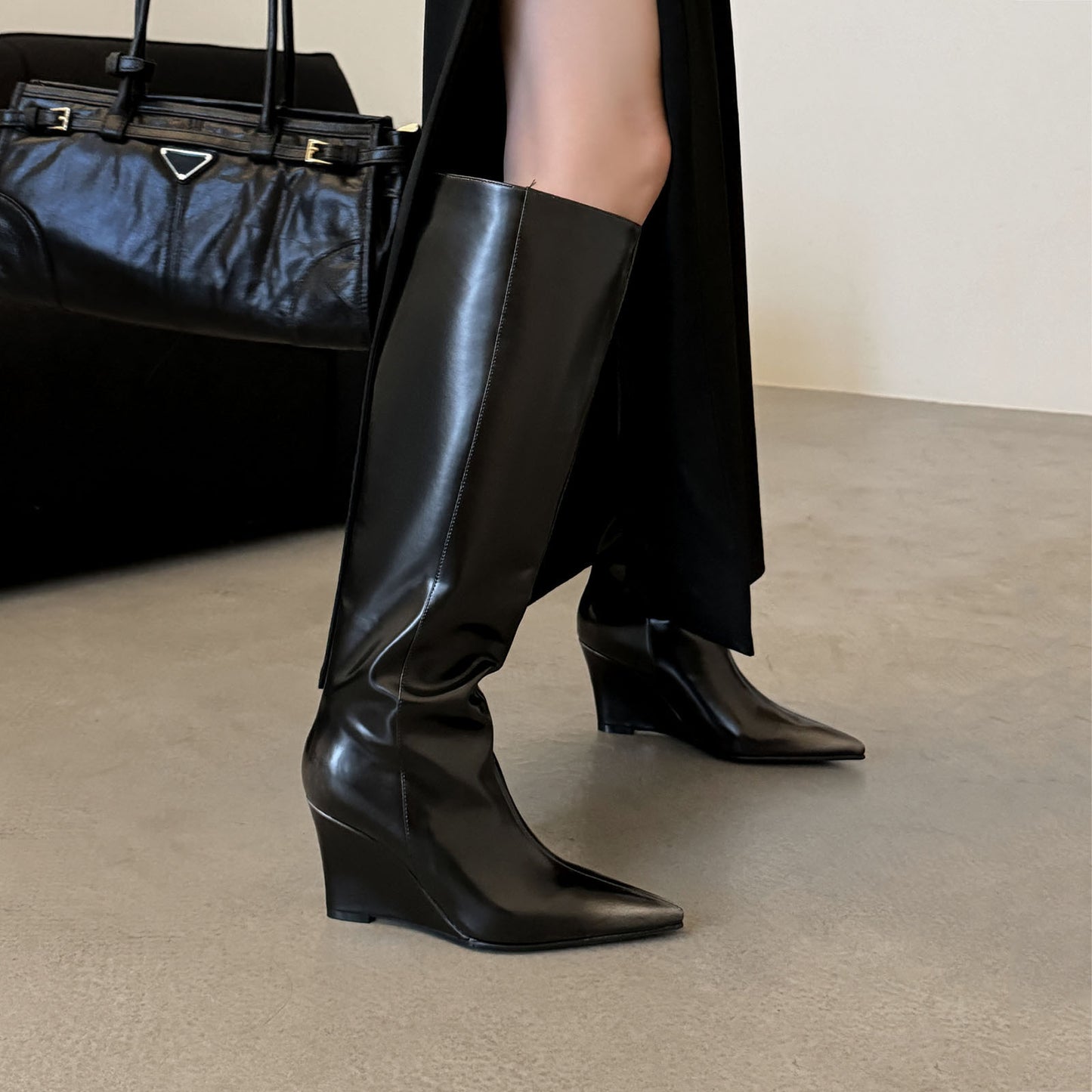 Temperament Pointed Cowhide Wedge Large Boots - DANCING WITH SHOES