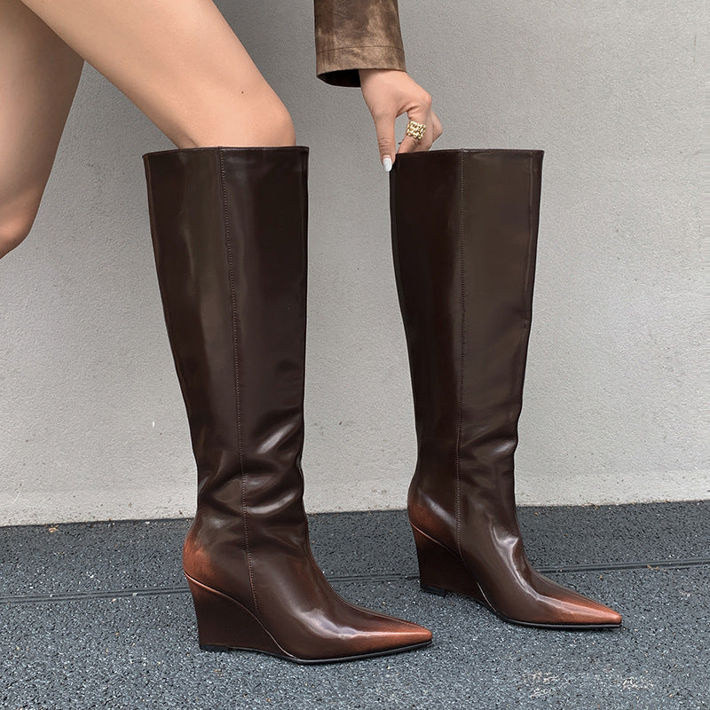 Temperament Pointed Cowhide Wedge Large Boots - DANCING WITH SHOES