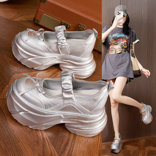 Mary Jane White Silver Sweet Bow Height Increasing Insole Women's Shoes - DANCING WITH SHOES