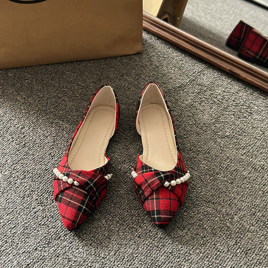 New Vintage Scoop Pointed Beaded Knot Plaid Low Heel Shoes - DANCING WITH SHOES