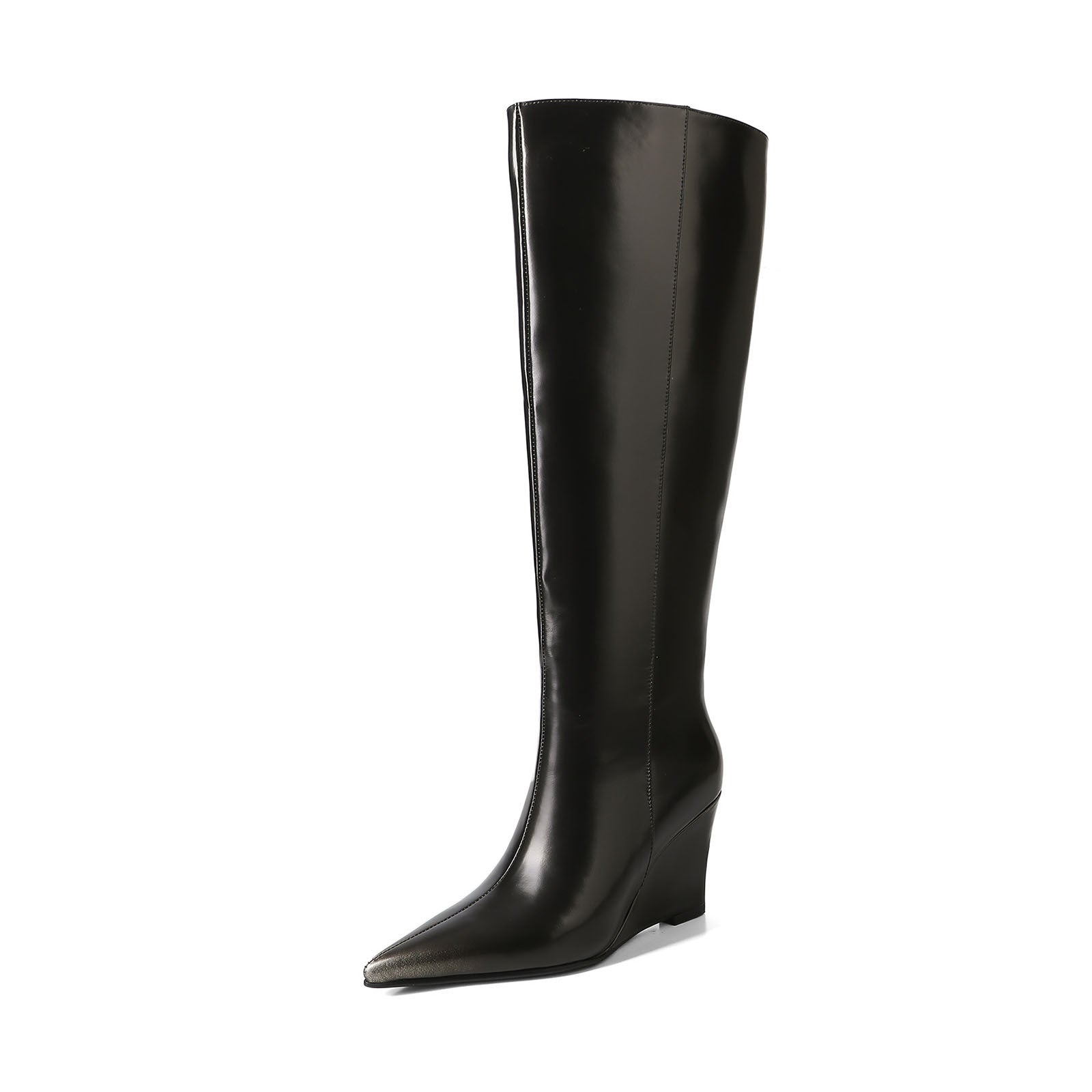 Temperament Pointed Cowhide Wedge Large Boots - DANCING WITH SHOES
