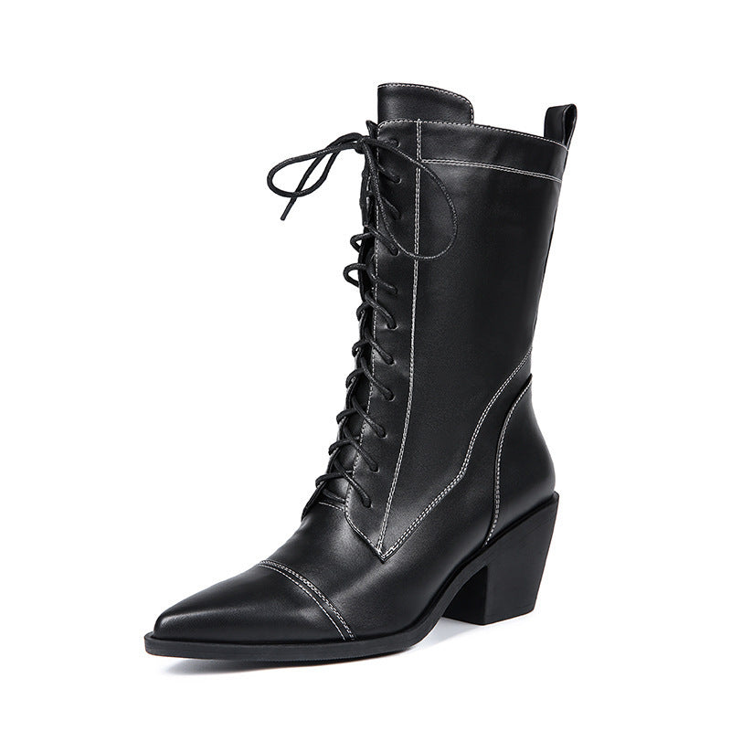 Chunky Heel Waterproof Platform Thick Bottom Fleece-lined High Heel Lace-up Martin Boots - DANCING WITH SHOES
