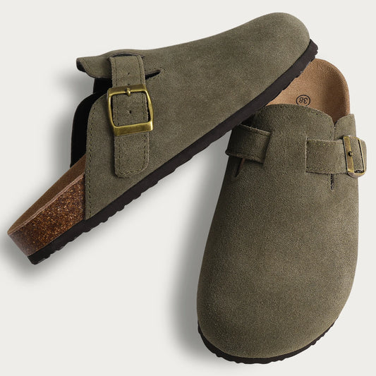 Comwarm Women's Suede Mules with Arch Support & Cork Insole - Stylish Slides for Home & Beach