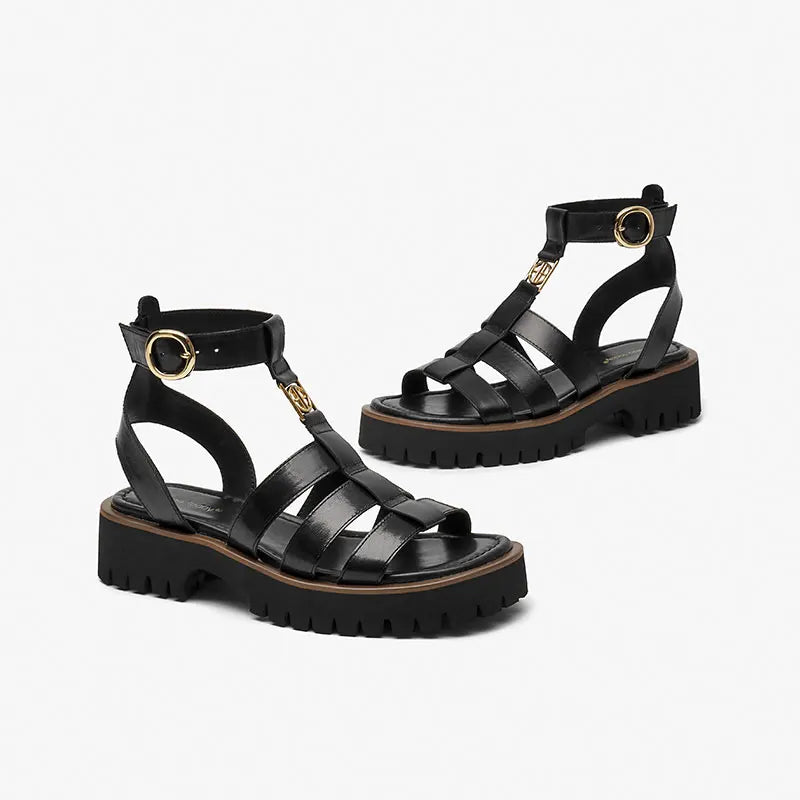 BeauToday Gladiator Sandals Women Genuine Leather Round Toe Ankle Metal Buckle Platform Summer Ladies Shoes Handmade 38215
