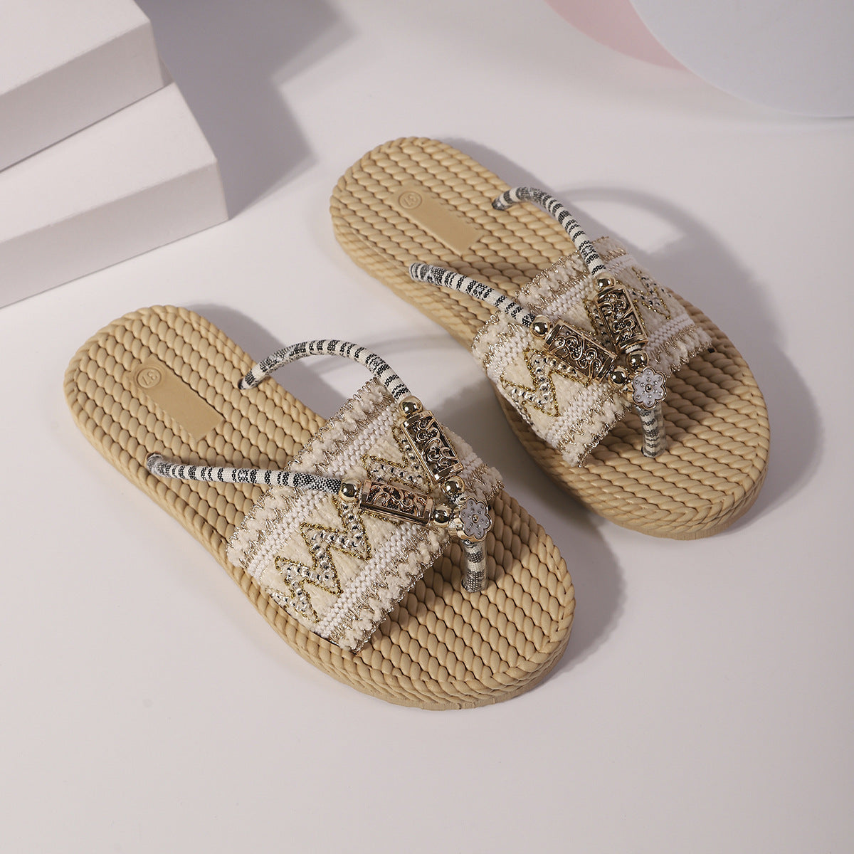 Bohemian Flat Plus Size Flip Flops Ethnic Style - DANCING WITH SHOES
