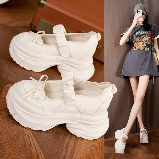 Mary Jane White Silver Sweet Bow Height Increasing Insole Women's Shoes - DANCING WITH SHOES