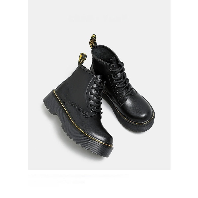 Platform Martin Boots Women's Thickened Real Leather Black Flat Bottom - DANCING WITH SHOES