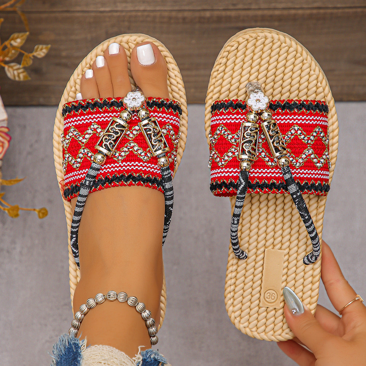 Bohemian Flat Plus Size Flip Flops Ethnic Style - DANCING WITH SHOES