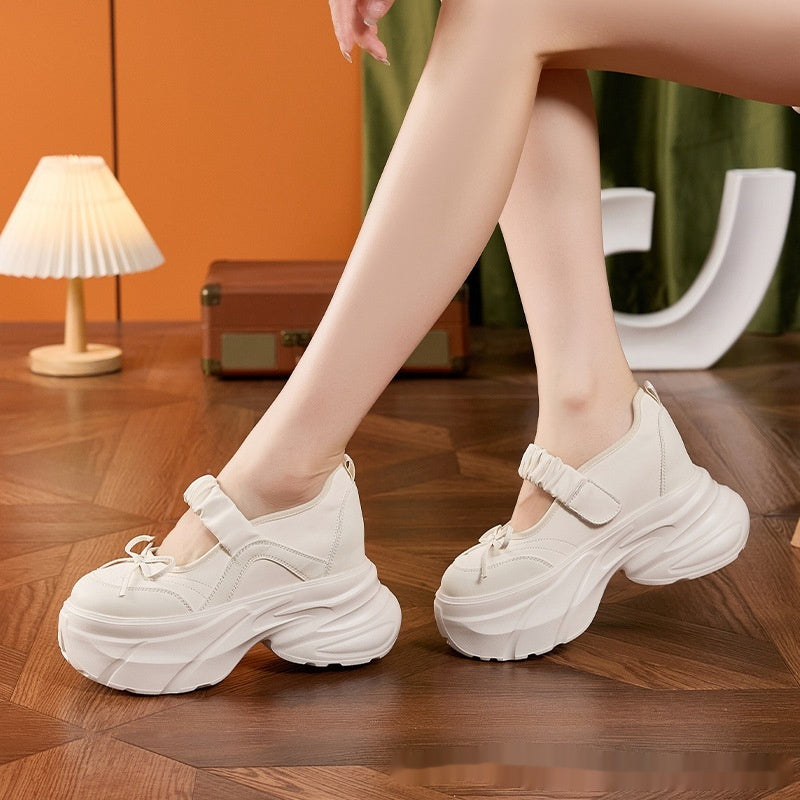 Mary Jane White Silver Sweet Bow Height Increasing Insole Women's Shoes - DANCING WITH SHOES
