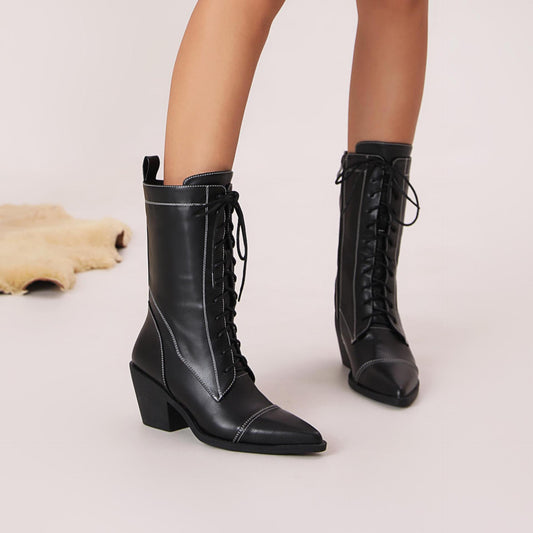 Chunky Heel Waterproof Platform Thick Bottom Fleece-lined High Heel Lace-up Martin Boots - DANCING WITH SHOES