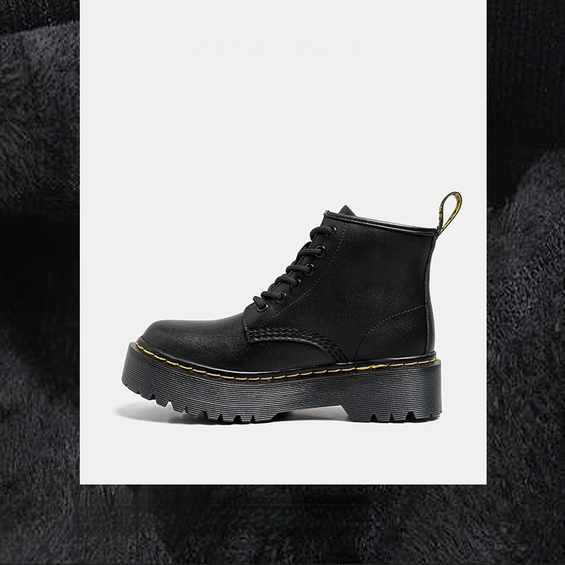 Platform Martin Boots Women's Thickened Real Leather Black Flat Bottom - DANCING WITH SHOES