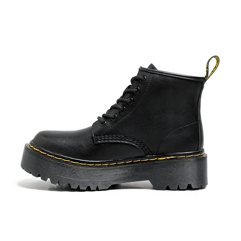 Platform Martin Boots Women's Thickened Real Leather Black Flat Bottom - DANCING WITH SHOES