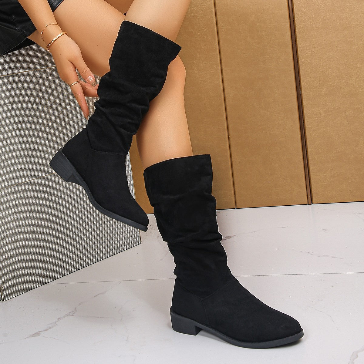Plus Size Suede Pleated Pile Style Boots For Women Tall Knight Boots - DANCING WITH SHOES