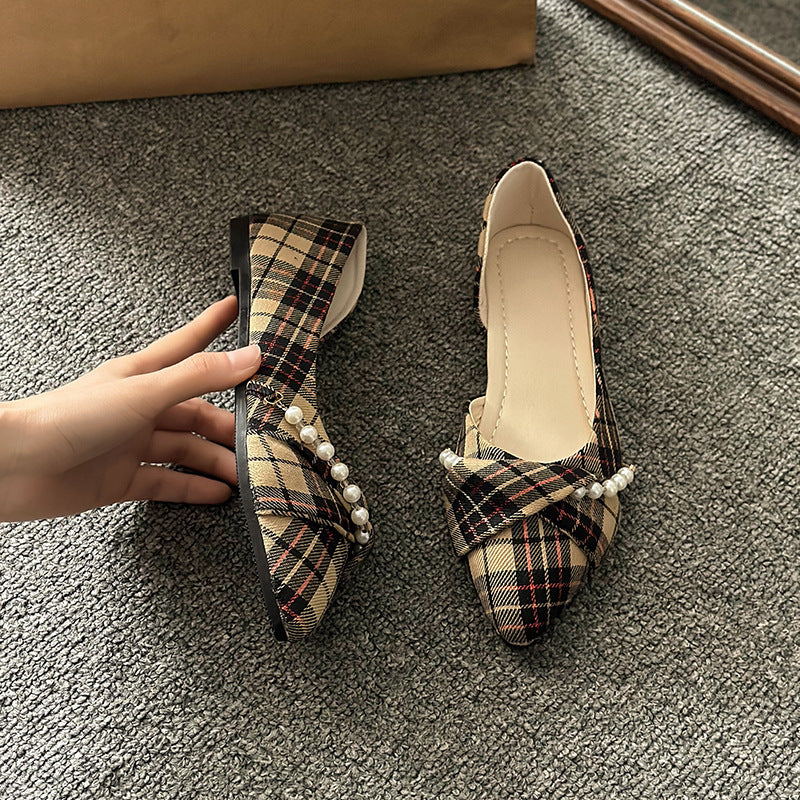 New Vintage Scoop Pointed Beaded Knot Plaid Low Heel Shoes - DANCING WITH SHOES