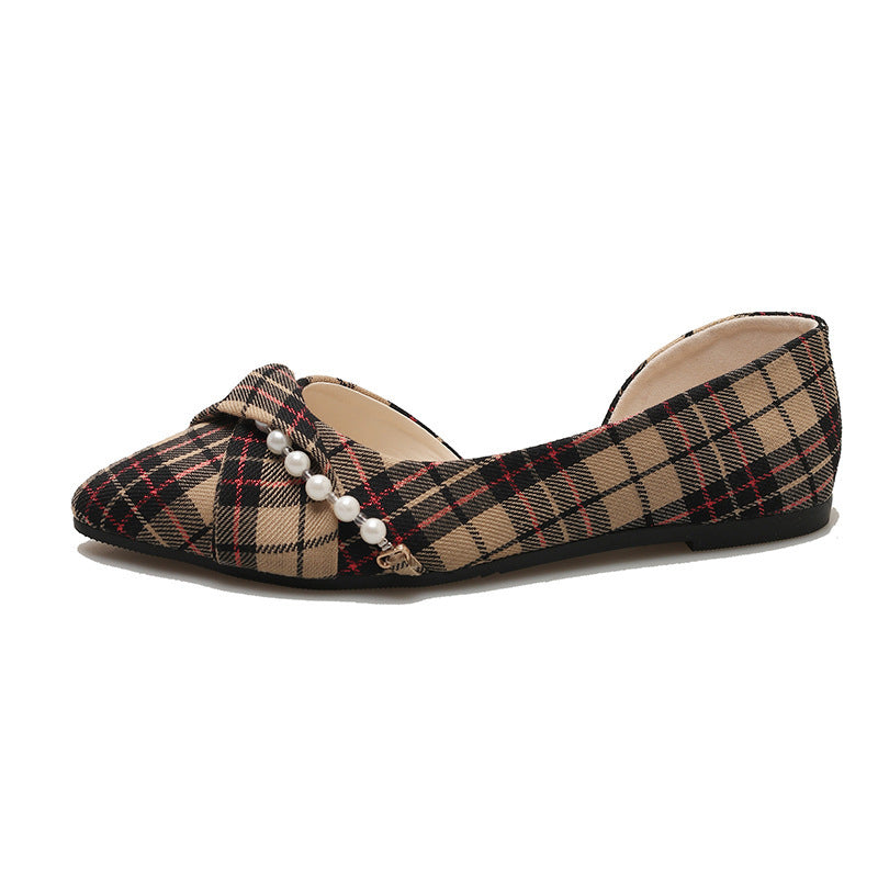 New Vintage Scoop Pointed Beaded Knot Plaid Low Heel Shoes - DANCING WITH SHOES