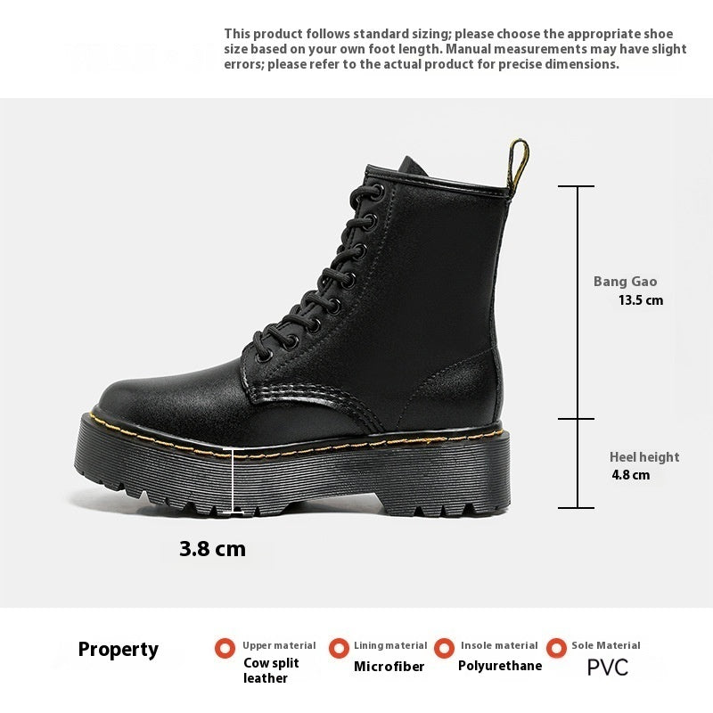 Platform Martin Boots Women's Thickened Real Leather Black Flat Bottom - DANCING WITH SHOES