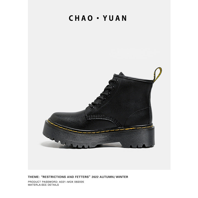 Platform Martin Boots Women's Thickened Real Leather Black Flat Bottom - DANCING WITH SHOES