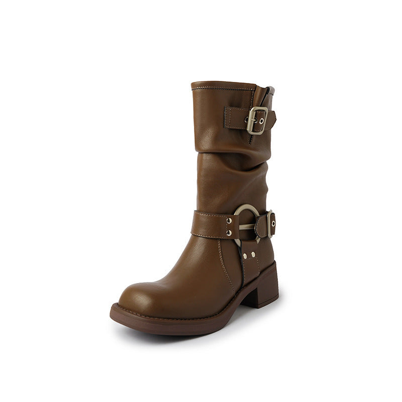 Western Belt Buckle Pile Style Boots Female Tall Knight Boots - DANCING WITH SHOES