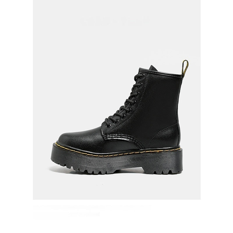 Platform Martin Boots Women's Thickened Real Leather Black Flat Bottom - DANCING WITH SHOES