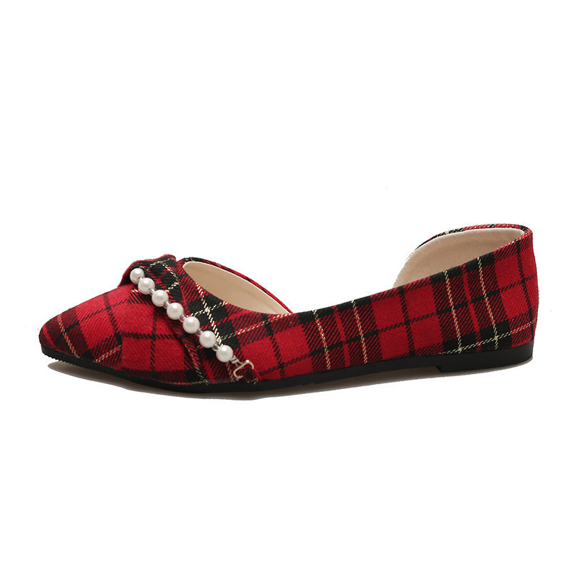 New Vintage Scoop Pointed Beaded Knot Plaid Low Heel Shoes - DANCING WITH SHOES
