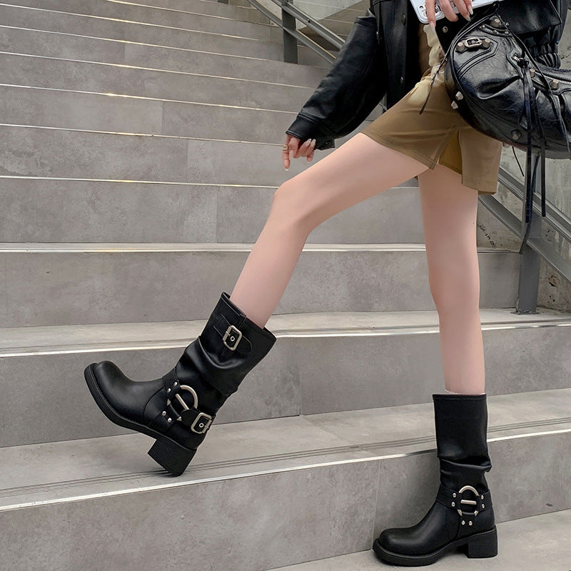 Western Belt Buckle Pile Style Boots Female Tall Knight Boots - DANCING WITH SHOES